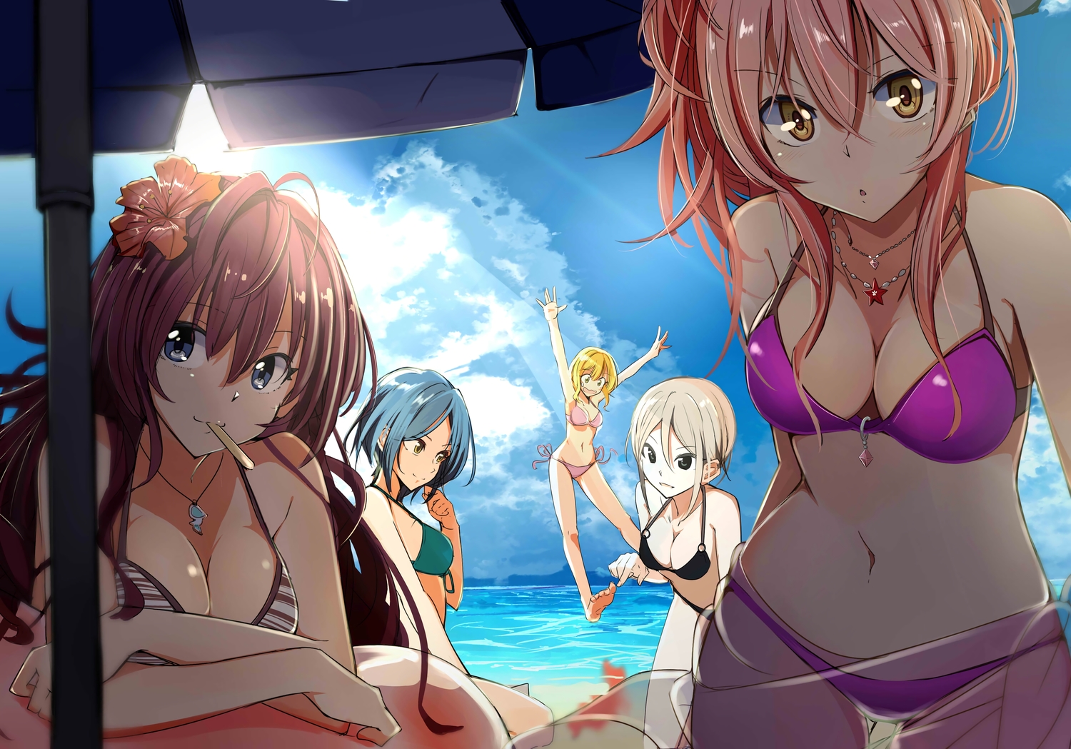 barefoot, beach, bikini, blonde_hair, blue_hair, breasts, cleavage, clouds