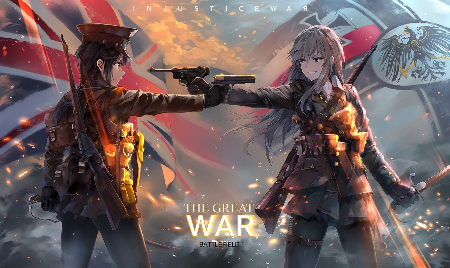 2girls, battlefield_(series), black_hair, braids, gloves, gun, hat, long_hair, military, neko_(yanshoujie), orange_eyes, pantyhose, parody, watermark, weapon