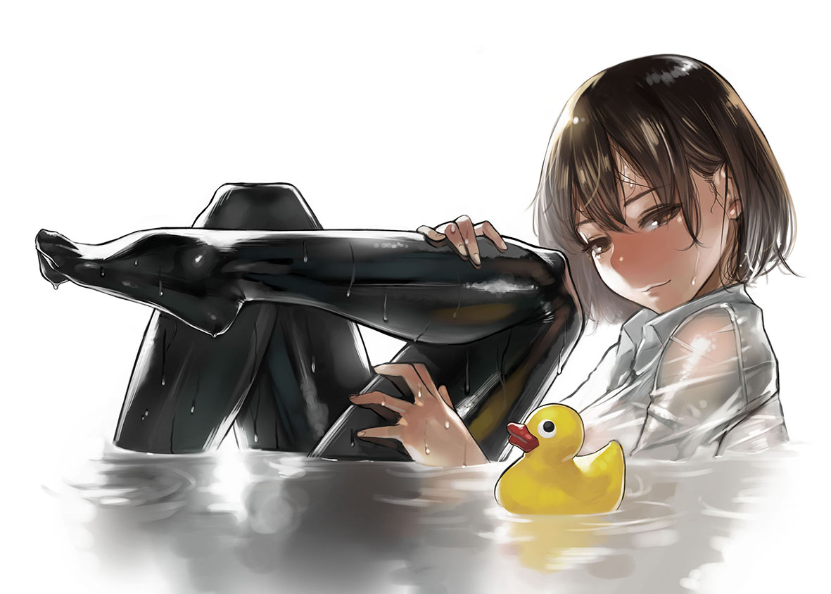 brown_eyes, brown_hair, original, rubber_duck, see_through, short_hair, water, wet