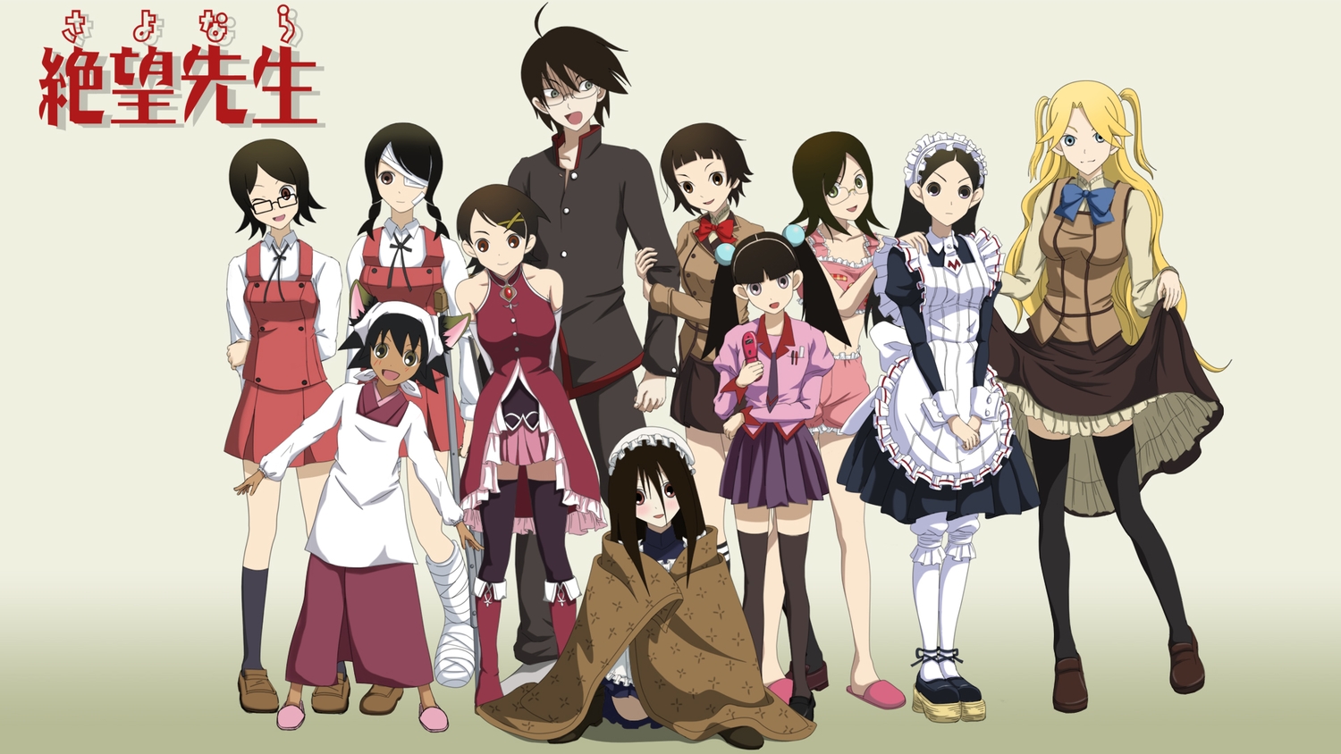 bakemonogatari, cosplay, dance_in_the_vampire_bund, group, hidamari_sketch, kouchou_(artist), mahou_shoujo_madoka_magica, male