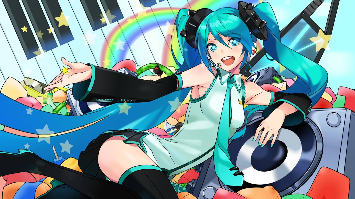 aqua_eyes, aqua_hair, hatsune_miku, headphones, instrument, microphone, nana_g, panties