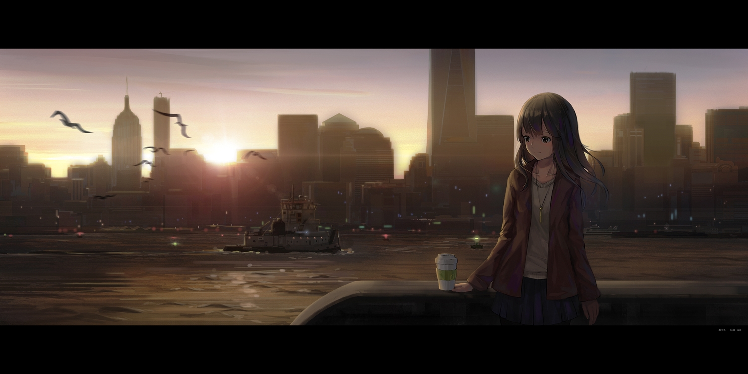 animal, bird, boat, brown_eyes, brown_hair, building, city, drink