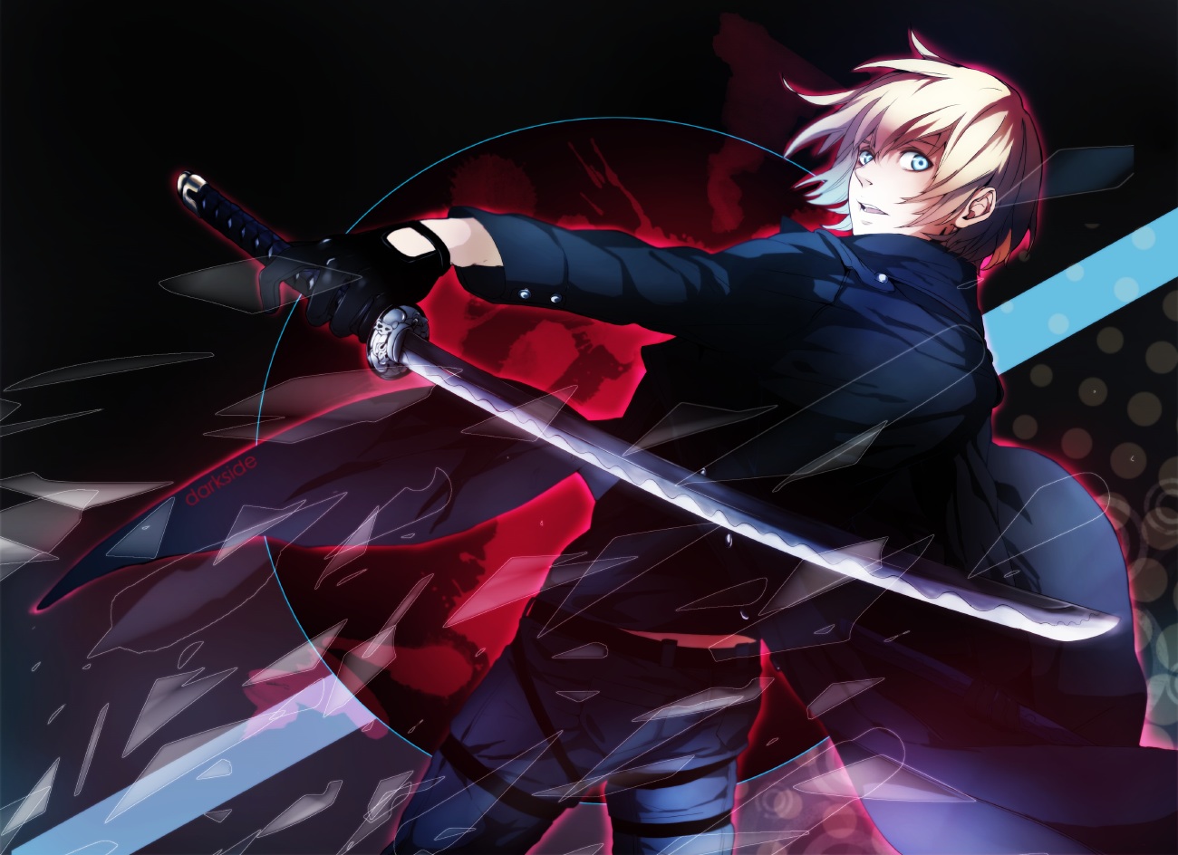 all_male, aqua_eyes, armin_arlert, blonde_hair, gloves, katagawa_mika, katana, male
