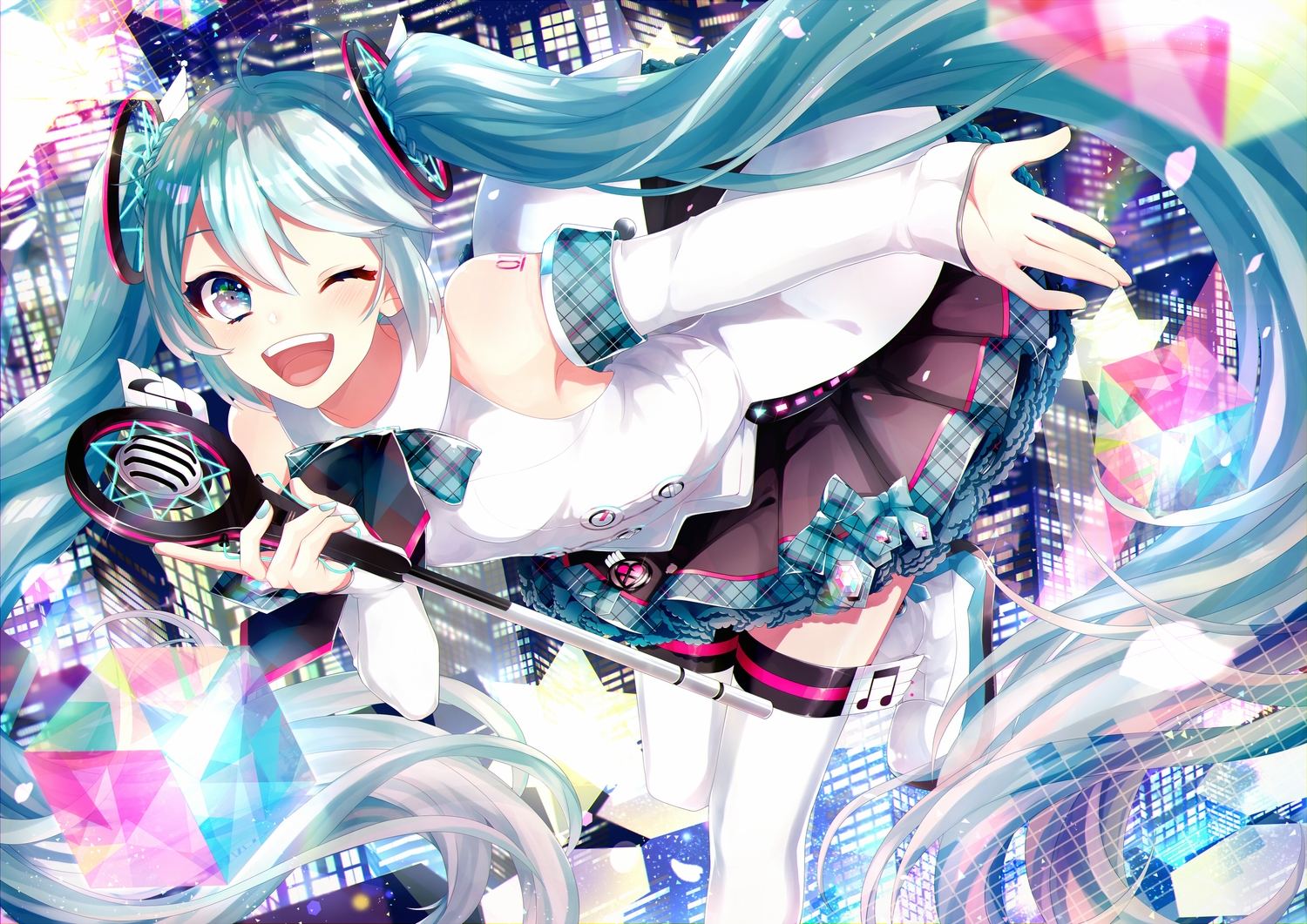 aqua_eyes, aqua_hair, blush, bow, building, city, gari, hatsune_miku