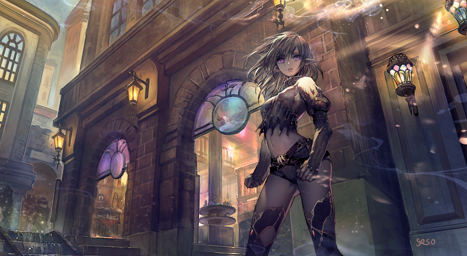 building, city, navel, original, pointed_ears, purple_eyes, short_hair, shorts, signed, stairs, thighhighs, umiu_geso