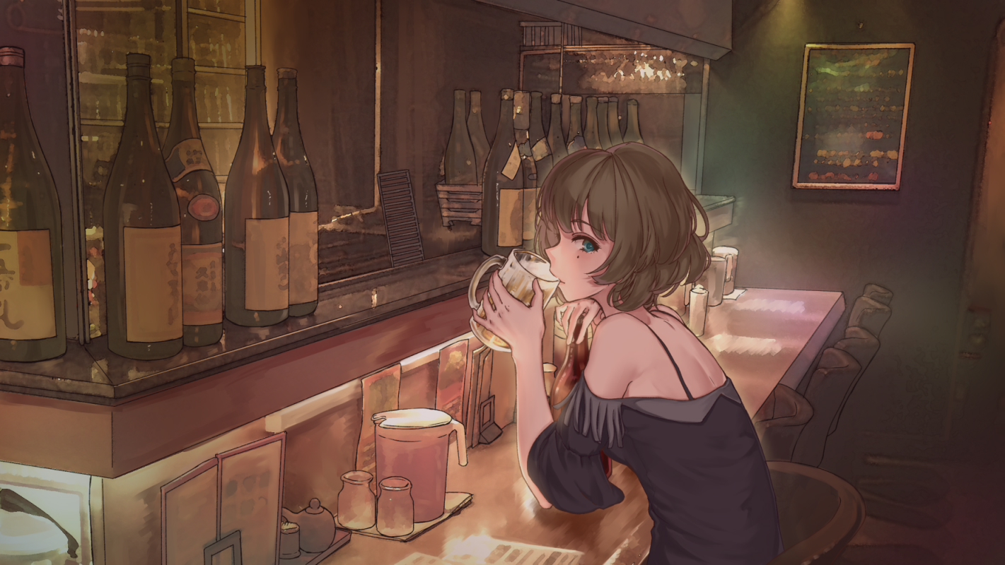 brown_hair, drink, idolmaster, idolmaster_cinderella_girls, roki_(0214278), short_hair, takagaki_kaede