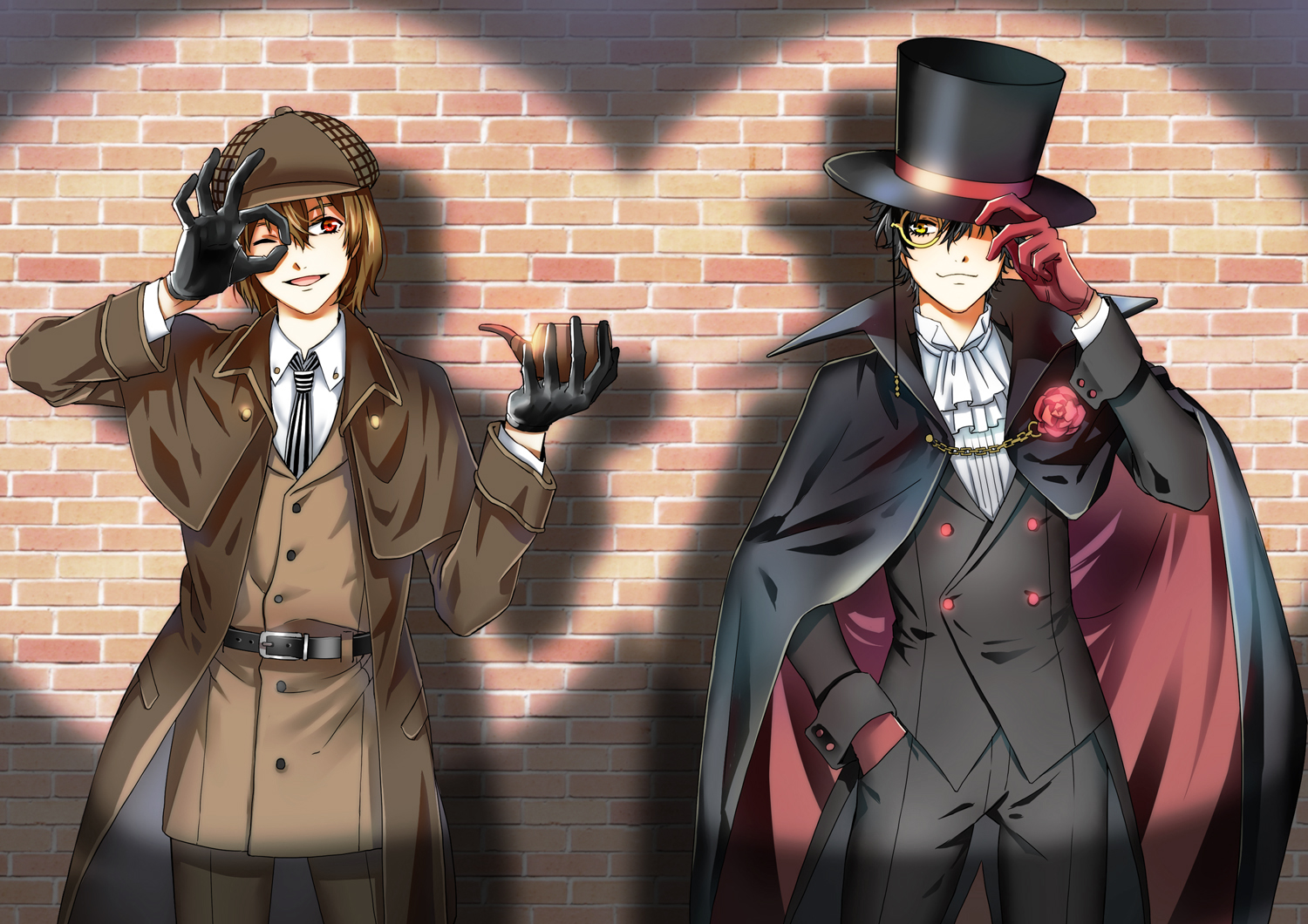 akechi_gorou, all_male, amamiya_ren, black_hair, brown_hair, cape, chain, flowers