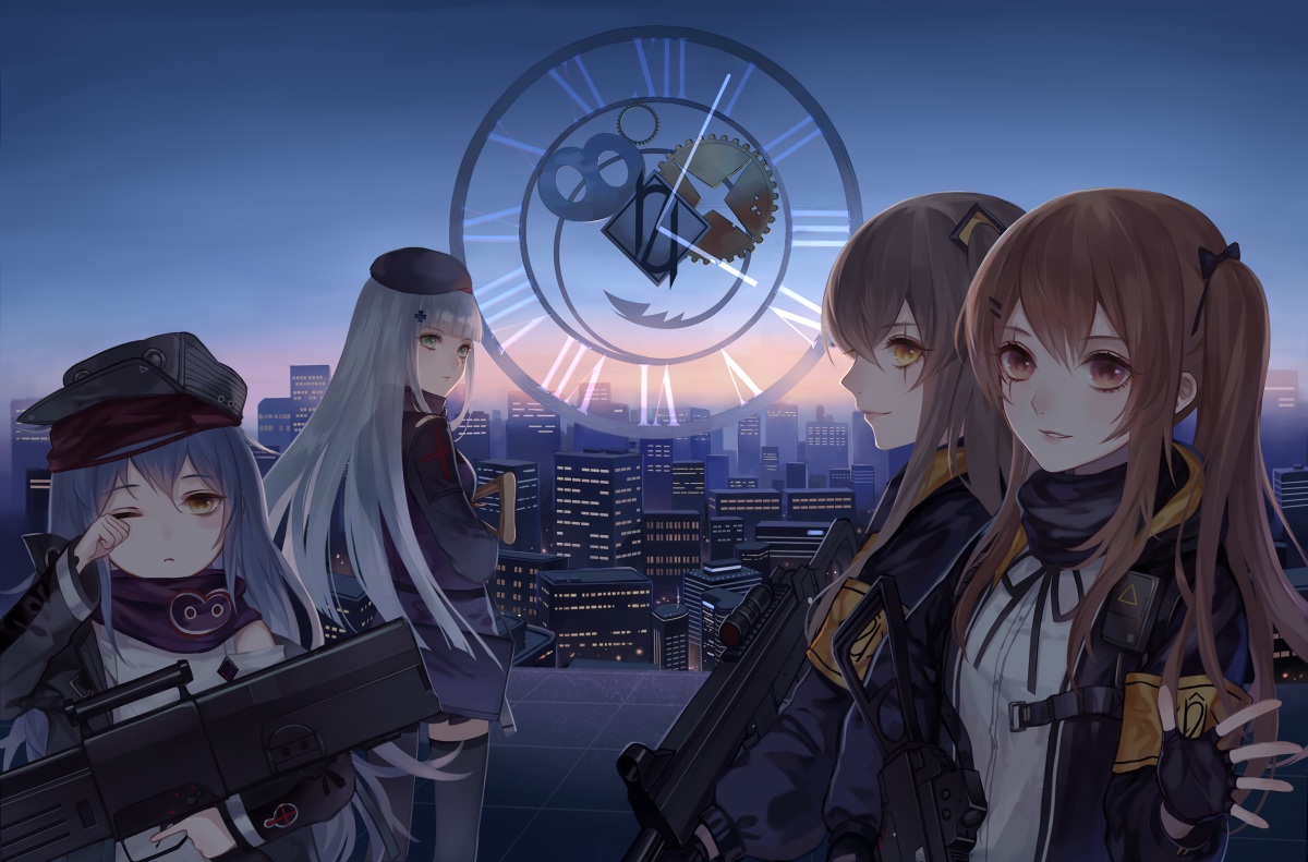 anthropomorphism, building, city, g11_(girls_frontline), girls_frontline, group, hk416_(girls_frontline), ump-45_(girls_frontline), ump-9_(girls_frontline), zek_(zecola)