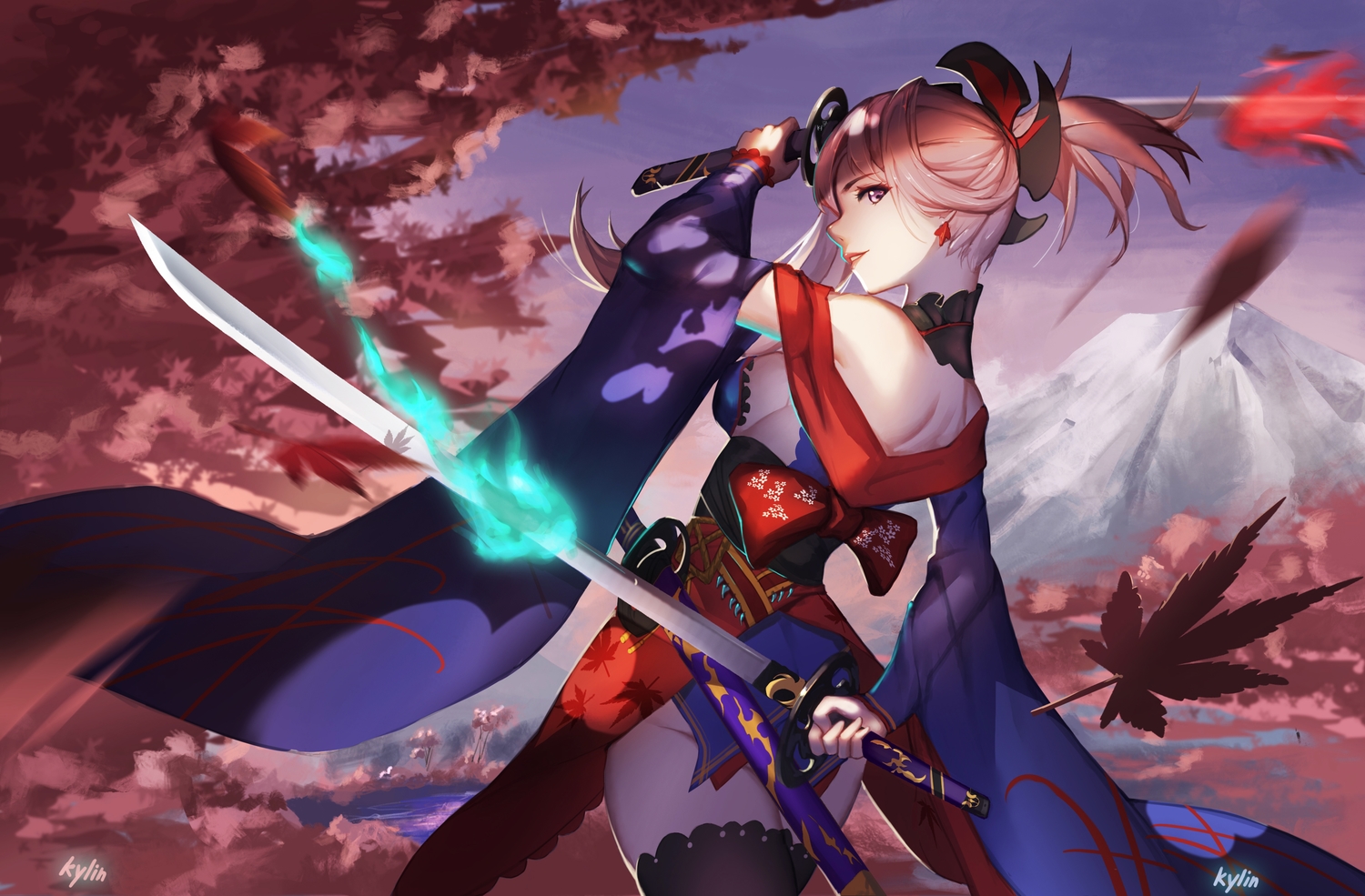 ass, autumn, breasts, fate/grand_order, fate_(series), japanese_clothes, kylin, leaves, miyamoto_musashi_(fate/grand_order), pink_hair, ponytail, sideboob, signed, sword, thighhighs, weapon