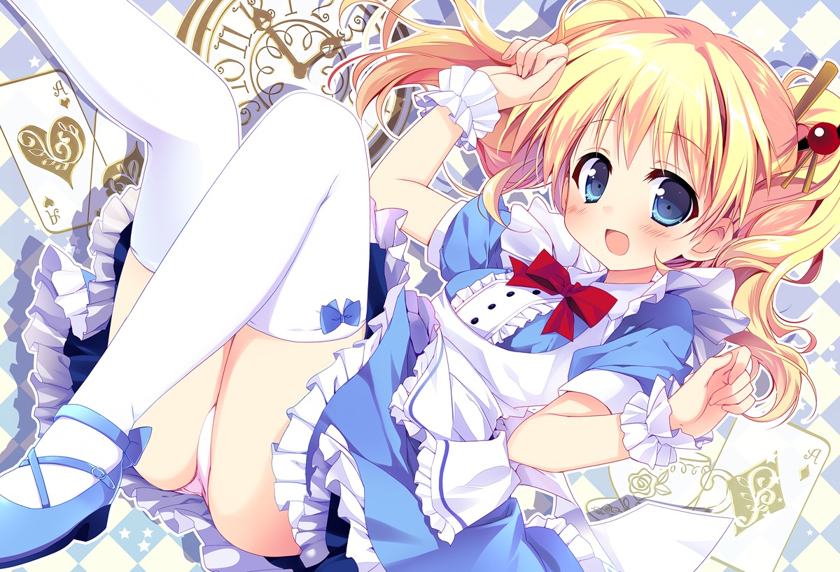 alice_cartelet, alice_in_wonderland, apron, aqua_eyes, ass, blonde_hair, bow, dress