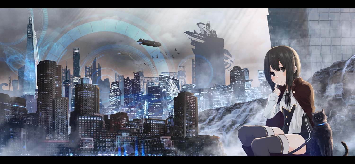 airship, animal, blue, building, cape, cat, city, hoshimiya_aki