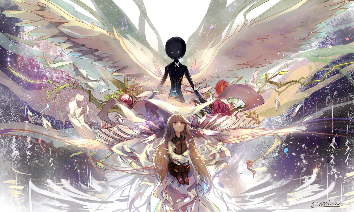 brown_eyes, brown_hair, deemo, flowers, girl_(deemo), jpeg_artifacts, long_hair, music