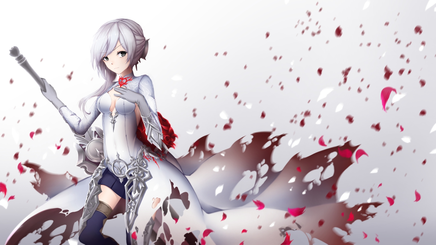 black_eyes, breasts, gloves, gray_hair, petals, scal2let, sinoalice, skirt