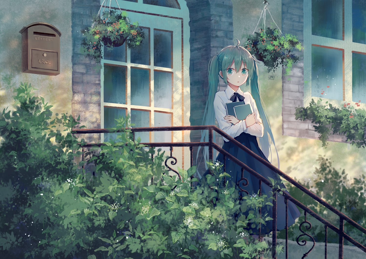 book, building, green_eyes, green_hair, hatsune_miku, leaves, long_hair, mimengfeixue, shirt, skirt, stairs, twintails, vocaloid