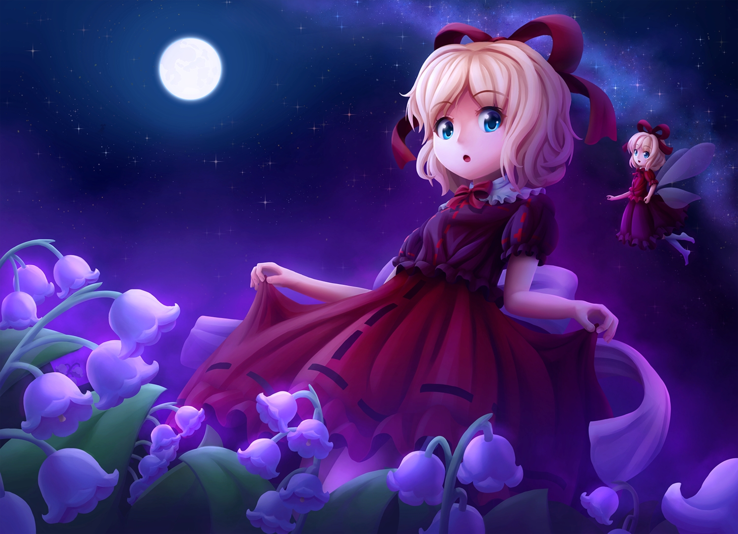 aqua_eyes, blonde_hair, bow, dress, fairy, loli, medicine_melancholy, moon