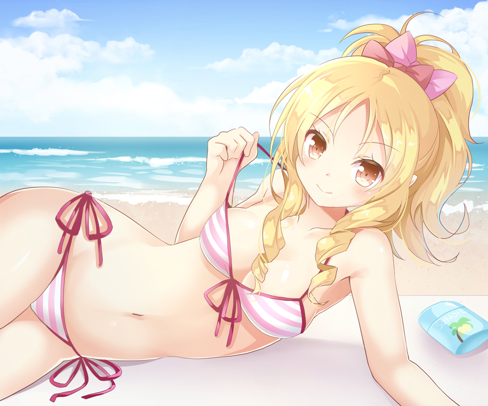beach, bikini, blonde_hair, blush, bow, breasts, clouds, eromanga-sensei