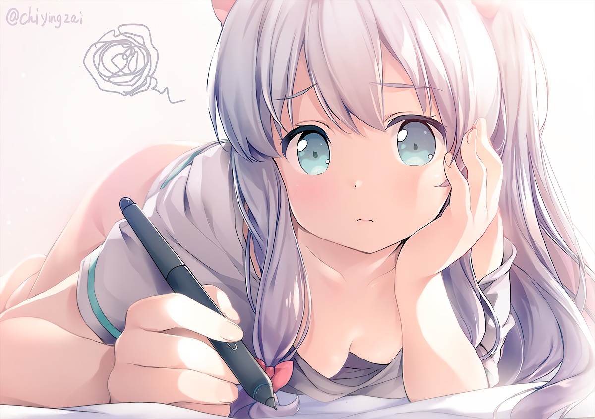 aqua_eyes, breasts, chiyingzai, eromanga-sensei, gray_hair, izumi_sagiri, loli, long_hair, naked_shirt, no_bra, shirt, signed