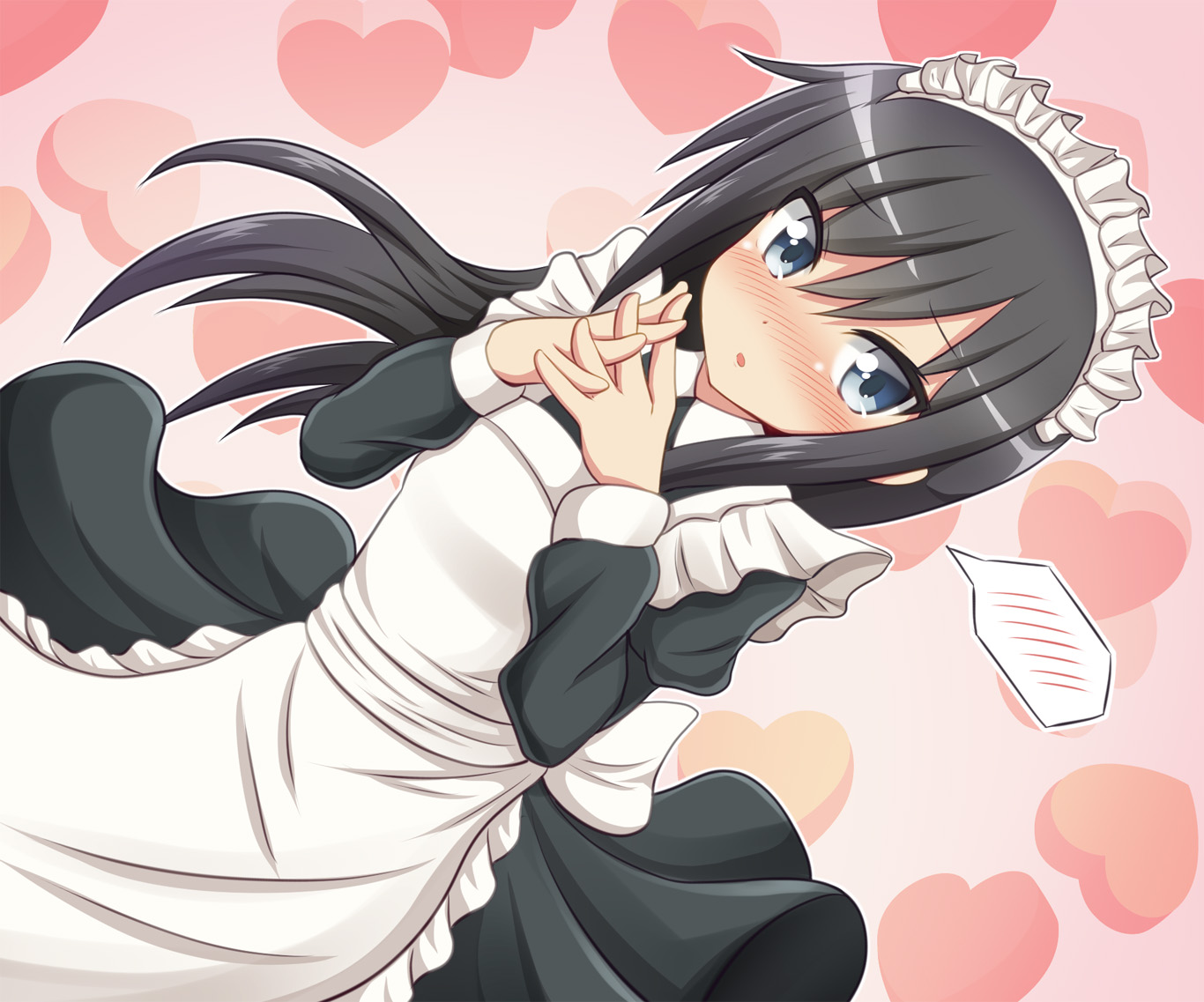 anthropomorphism, apron, asashio_(kancolle), black_hair, blush, dress, headdress, jpeg_artifacts, kantai_collection, long_hair, maid, tamayan