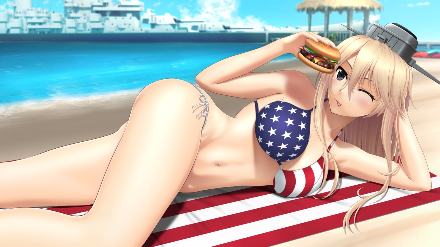 anthropomorphism, beach, bikini, blonde_hair, blush, food, iowa_(kancolle), kantai_collection, navel, swimsuit, tai_(2vs), wink
