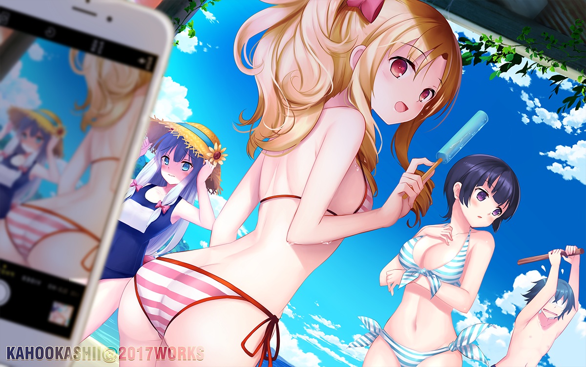 aqua_eyes, ass, beach, bikini, black_hair, blindfold, blonde_hair, breast_hold, breasts, camera, cleavage, clouds, eromanga-sensei, gray_hair, group, hat, izumi_masamune, izumi_sagiri, kaho_okashii, loli, long_hair, male, navel, phone, popsicle, purple_eyes, red_eyes, school_swimsuit, senju_muramasa, short_hair, sky, swimsuit, watermark, yamada_elf