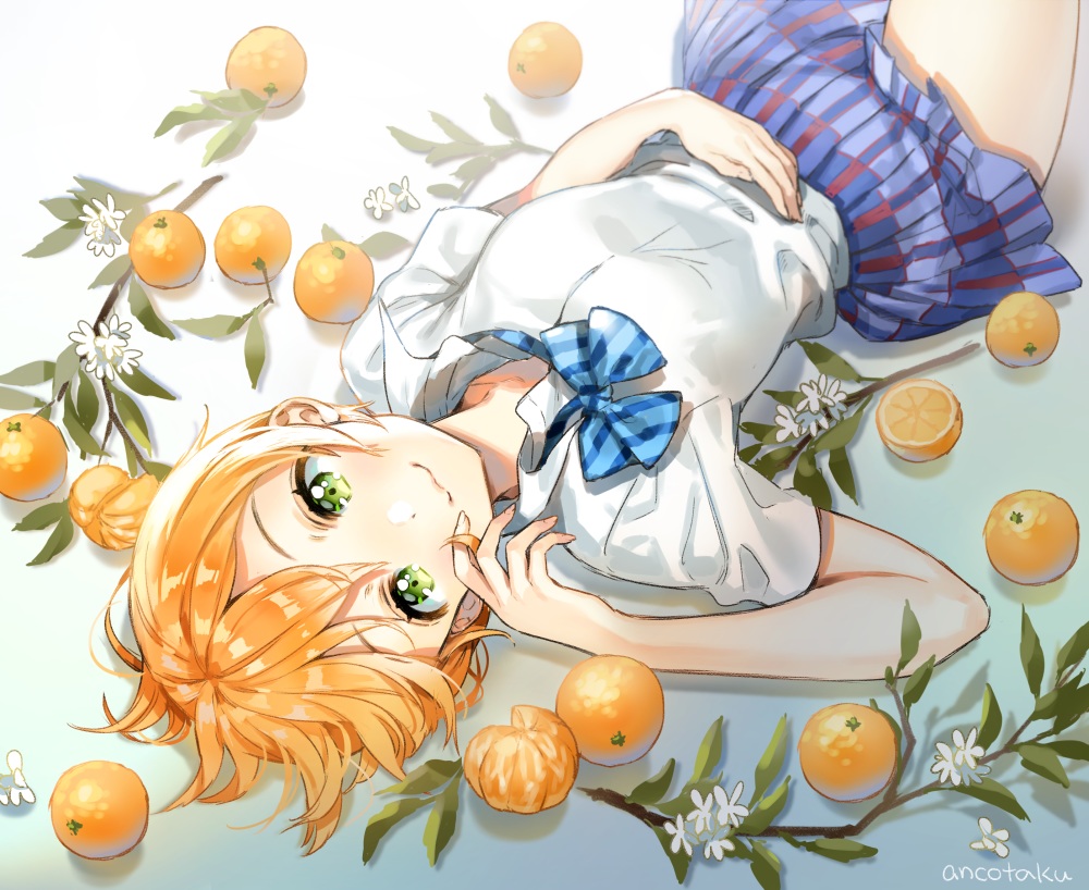 ancotaku, bow, flowers, food, fruit, green_eyes, hoshizora_rin, leaves