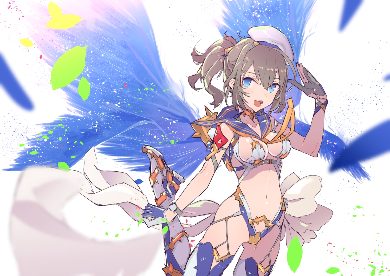 aqua_eyes, bikini, boots, breasts, brown_hair, cameltoe, choker, garter_belt, gloves, hat, navel, original, ponytail, ribbons, school_uniform, swimsuit, tajima_ryuushi, thighhighs, waifu2x, wings, wristwear