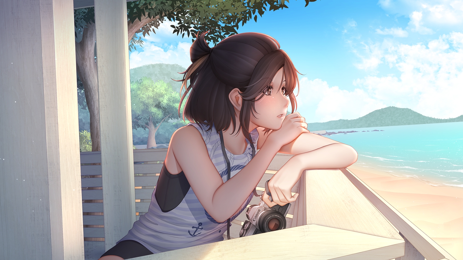 beach, brown_eyes, brown_hair, camera, clouds, mochi_(chain_csn), original, scenic, short_hair, sky, tree