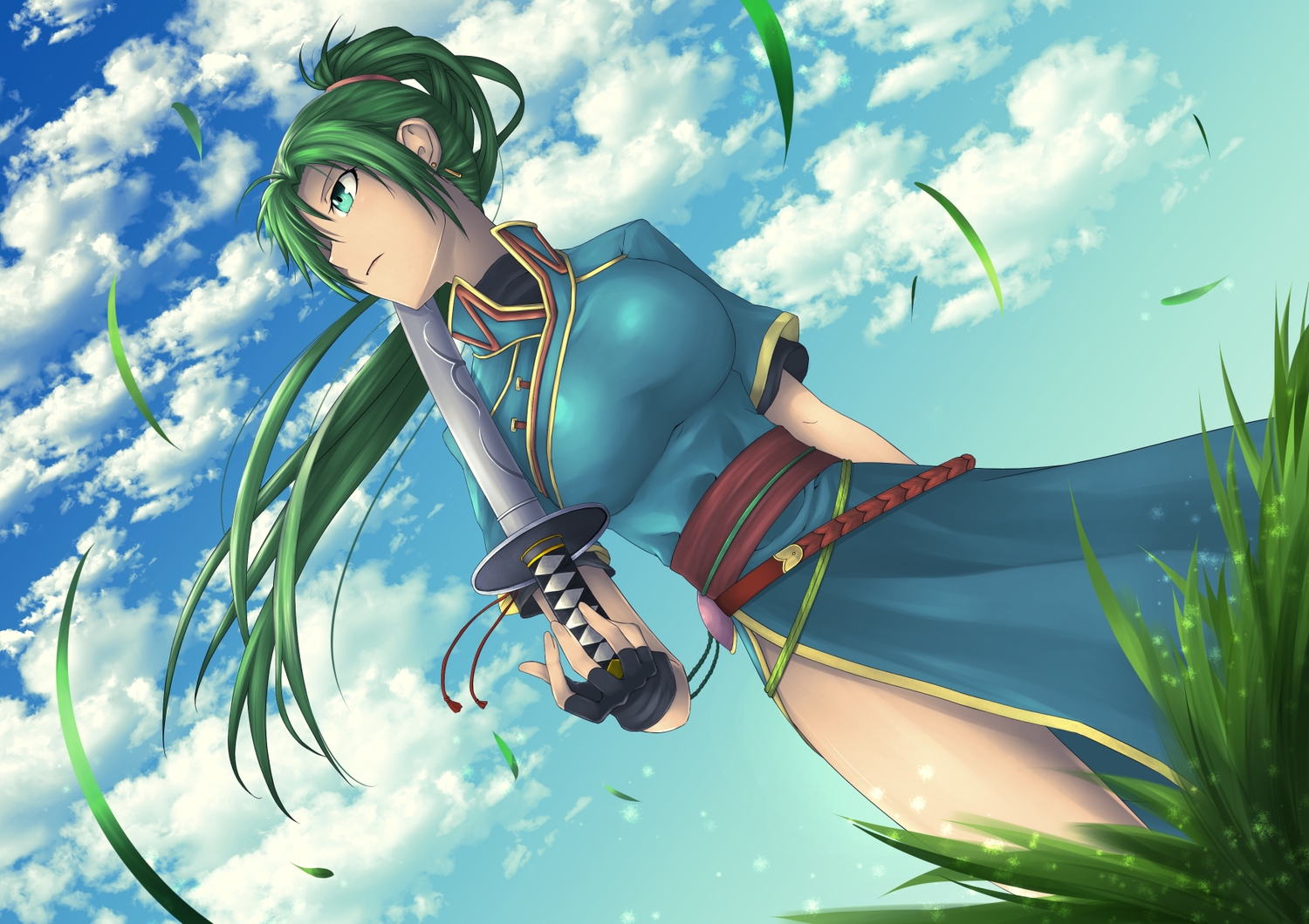breasts, clouds, fire_emblem, gloves, grass, green_eyes, green_hair, katana