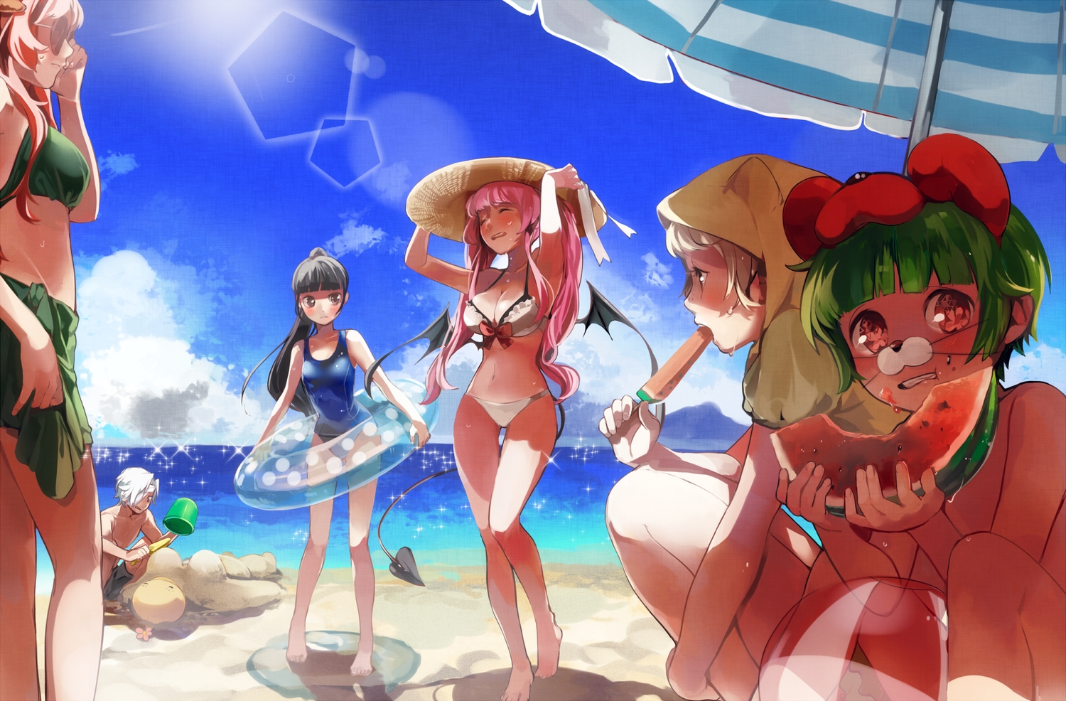 akiru_(hokuouhuuhu), ball, barefoot, beach, bikini, black_hair, blush, bow, breasts, brown_eyes, clouds, demon, food, fruit, glasses, green_hair, group, hat, ice_cream, long_hair, male, navel, original, pink_hair, ponytail, popsicle, school_swimsuit, short_hair, sky, sunglasses, swim_ring, swimsuit, tail, twintails, umbrella, watermelon, white_hair, wings