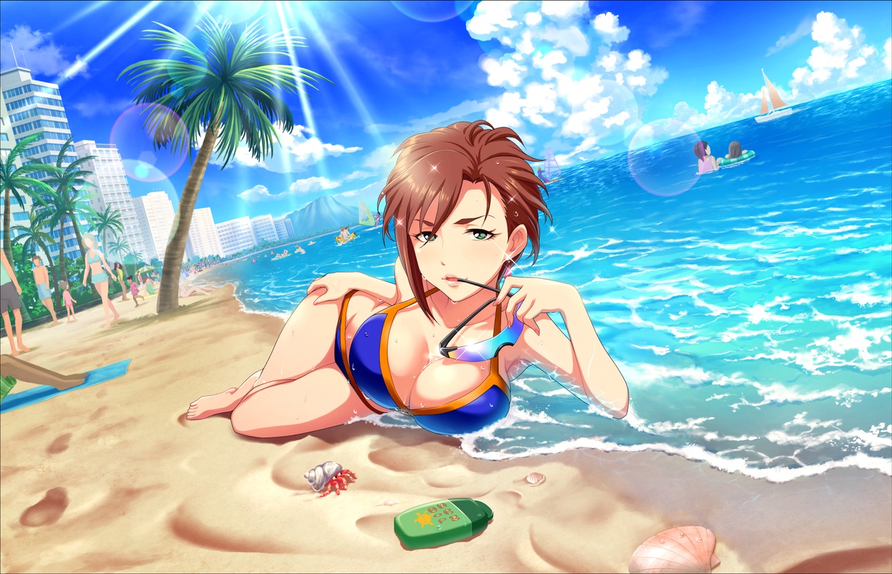 animal, annin_doufu, barefoot, beach, bikini, boat, breasts, brown_hair, building, city, cleavage, clouds, glasses, green_eyes, group, idolmaster, idolmaster_cinderella_girls, idolmaster_cinderella_girls_starlight_stage, kiba_manami, short_hair, sky, sunglasses, swim_ring, swimsuit, tree, umbrella, water