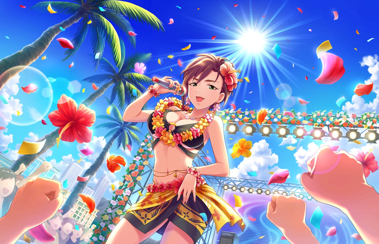 annin_doufu, bikini, breasts, brown_hair, building, city, clouds, flowers, green_eyes, group, idolmaster, idolmaster_cinderella_girls, idolmaster_cinderella_girls_starlight_stage, kiba_manami, male, navel, necklace, petals, short_hair, sky, swimsuit, tree, wristwear