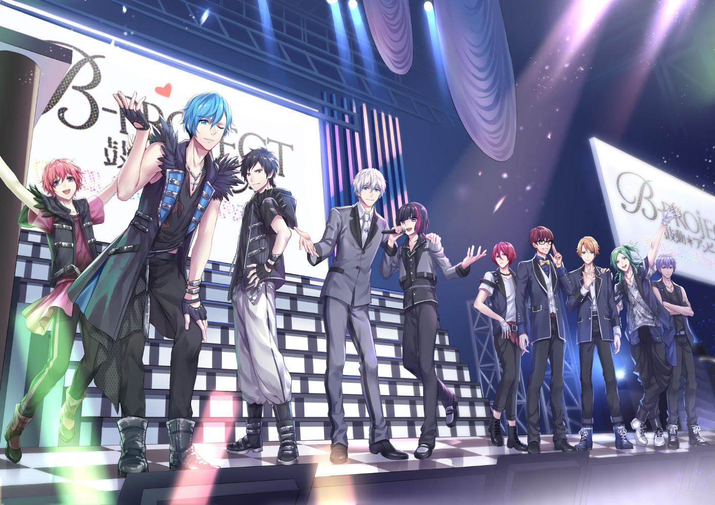aliasing, all_male, althea_(sakiya0000), aqua_eyes, aqua_hair, bicolored_eyes, black_hair, blonde_hair, boots, bow, b-project, brown_hair, collar, cross, glasses, gloves, green_eyes, green_hair, group, male, microphone, necklace, pink_hair, purple_hair, red_eyes, red_hair, short_hair, tagme_(character), white_hair, wink, wristwear