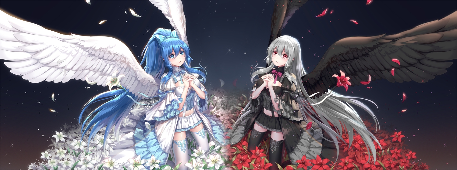 2girls, althea_(sakiya0000), aqua_eyes, aqua_hair, bow, breasts, flowers, gray_hair