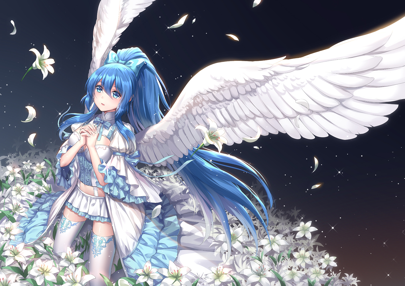 althea_(sakiya0000), aqua_eyes, aqua_hair, bow, breasts, flowers, long_hair, original