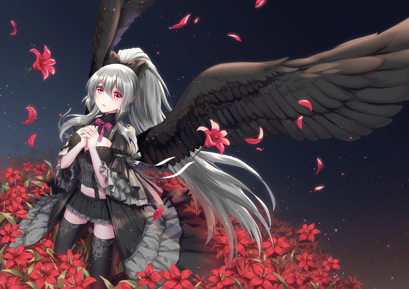 althea_(sakiya0000), bow, breasts, flowers, gray_hair, long_hair, original, petals