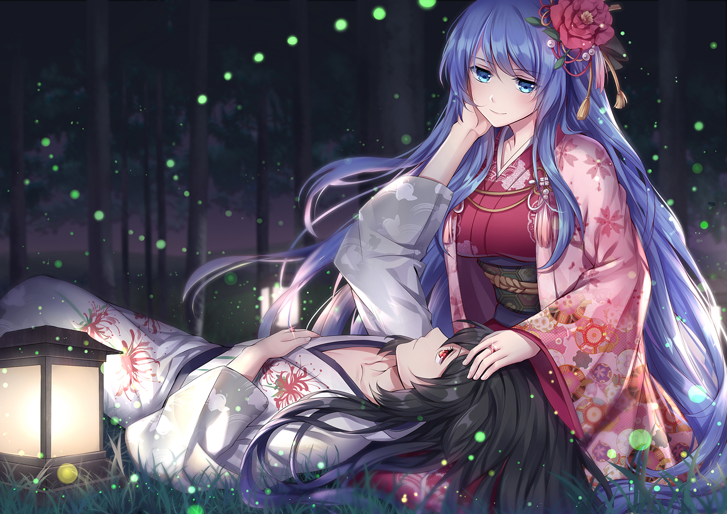 althea_(sakiya0000), aqua_eyes, aqua_hair, black_hair, breasts, flowers, forest, grass