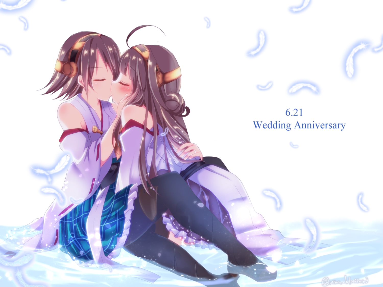 2girls, anthropomorphism, blush, brown_hair, feathers, headband, hiei_(kancolle), japanese_clothes, kantai_collection, kiss, kongou_(kancolle), long_hair, nanoha-h, short_hair, shoujo_ai, signed, skirt, waifu2x, water