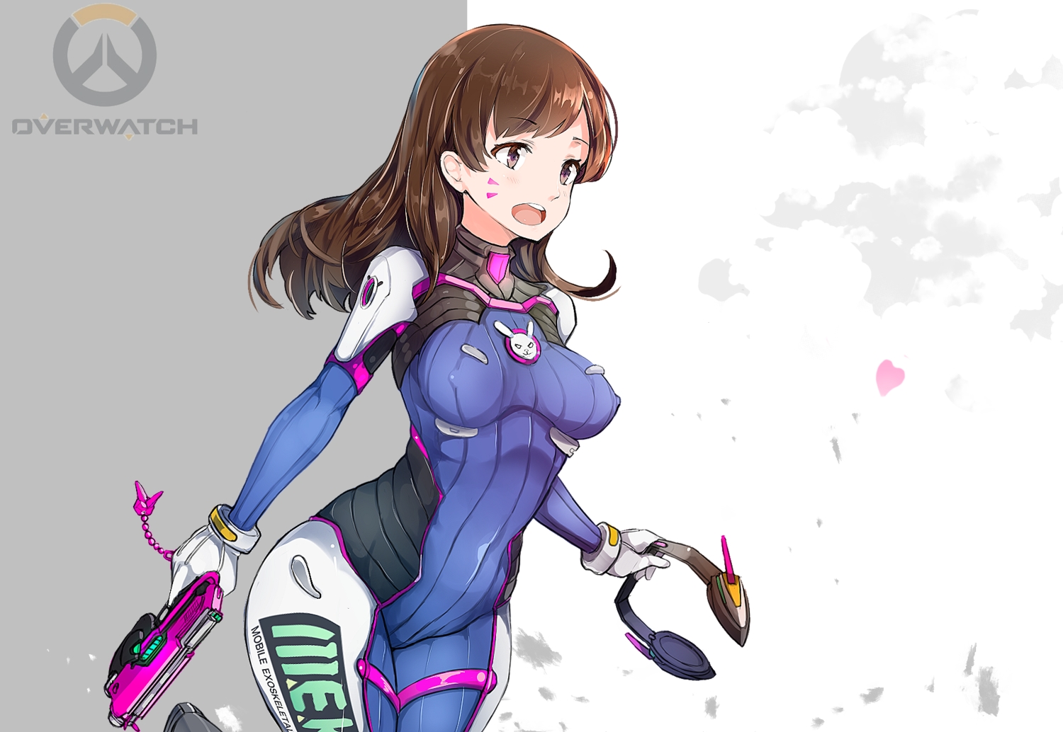 aliasing, bodysuit, breasts, brown_eyes, brown_hair, d.va, erect_nipples, gloves