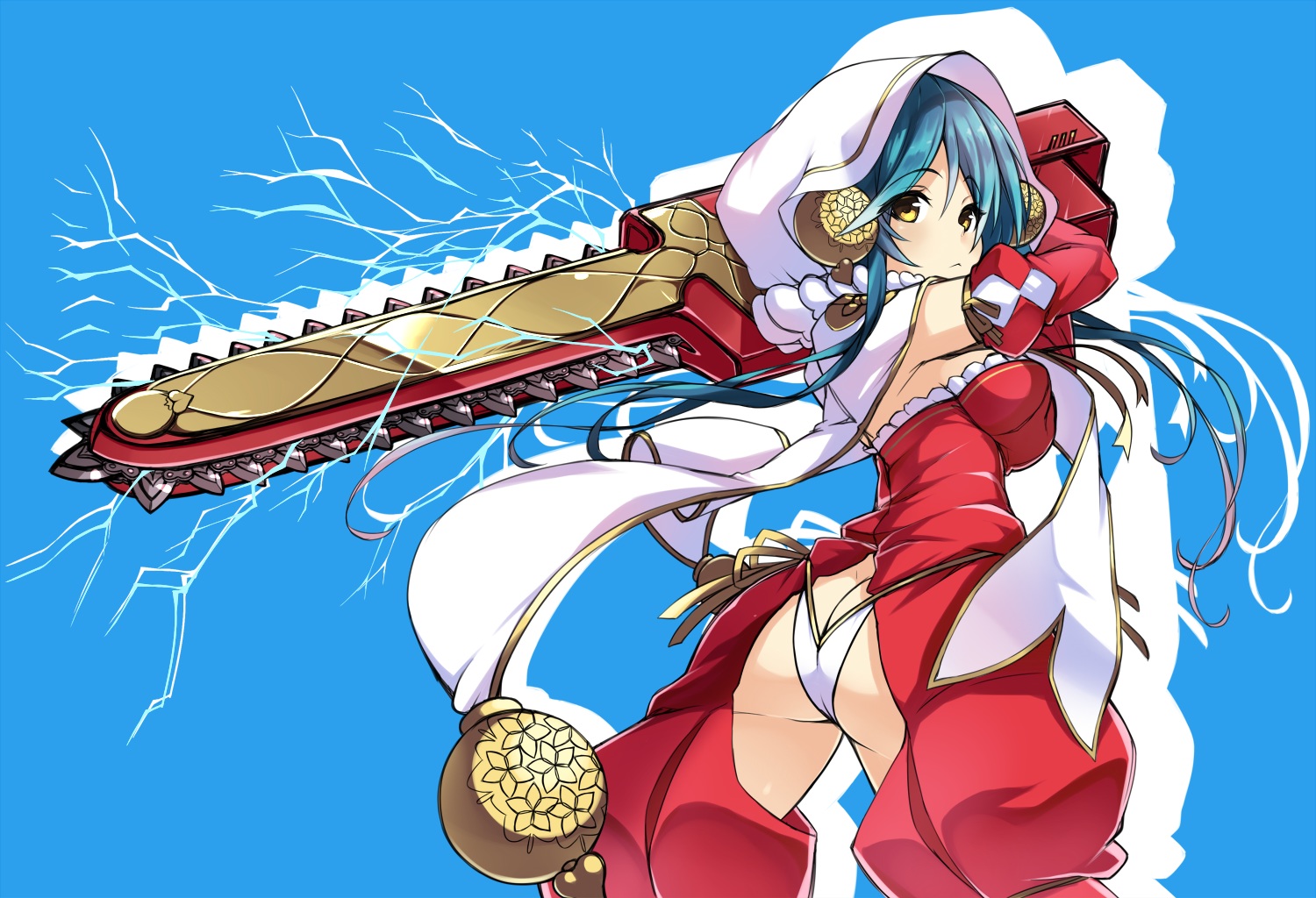 anthropomorphism, ass, blue_hair, breasts, cape, chainsaw, flower_knight_girl, gene_gene006, long_hair, panties, sideboob, underwear, wax_vine_(flower_knight_girl), yellow_eyes