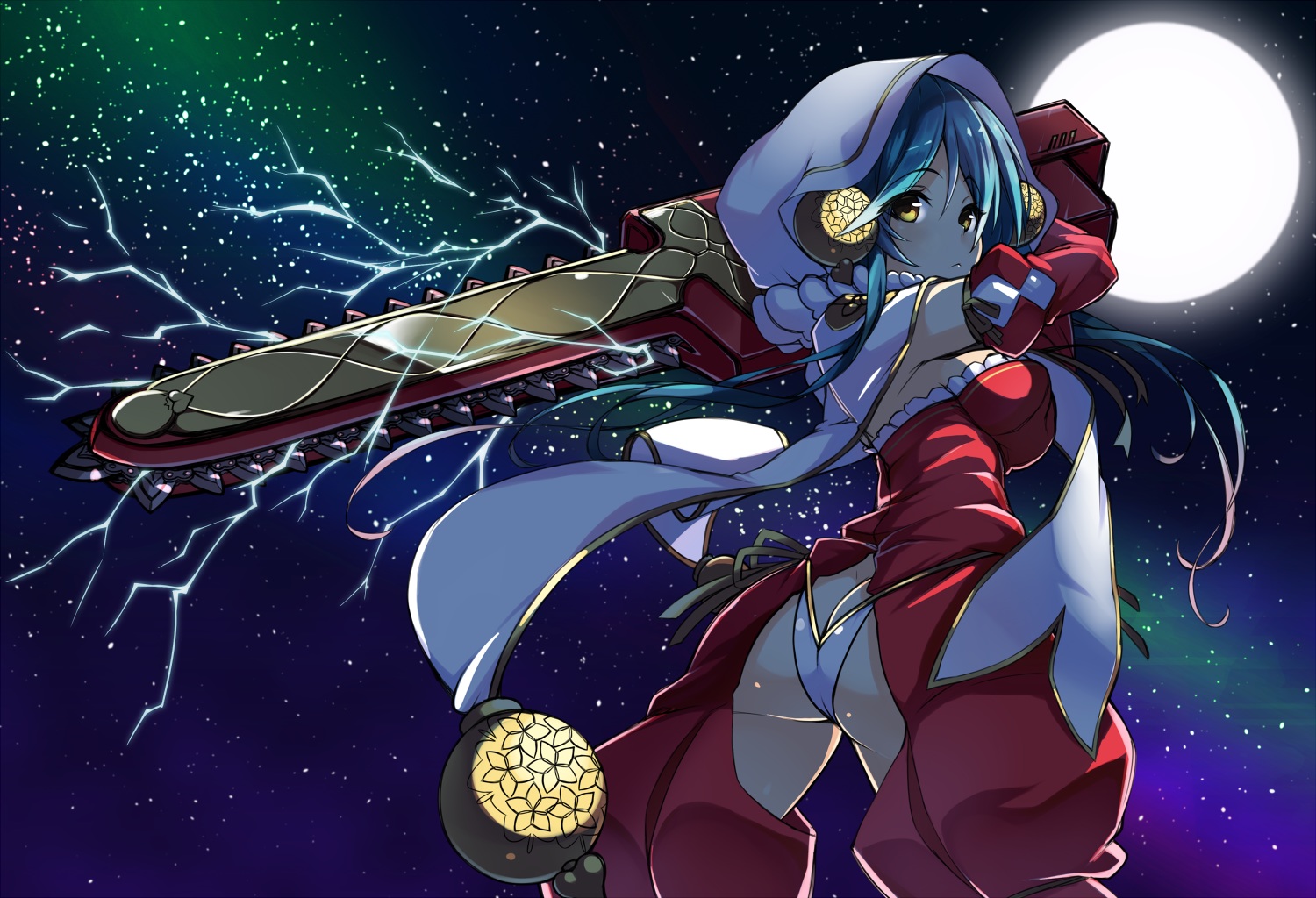 anthropomorphism, ass, blue_hair, breasts, cape, chainsaw, flower_knight_girl, gene_gene006, long_hair, panties, sideboob, underwear, wax_vine_(flower_knight_girl), yellow_eyes