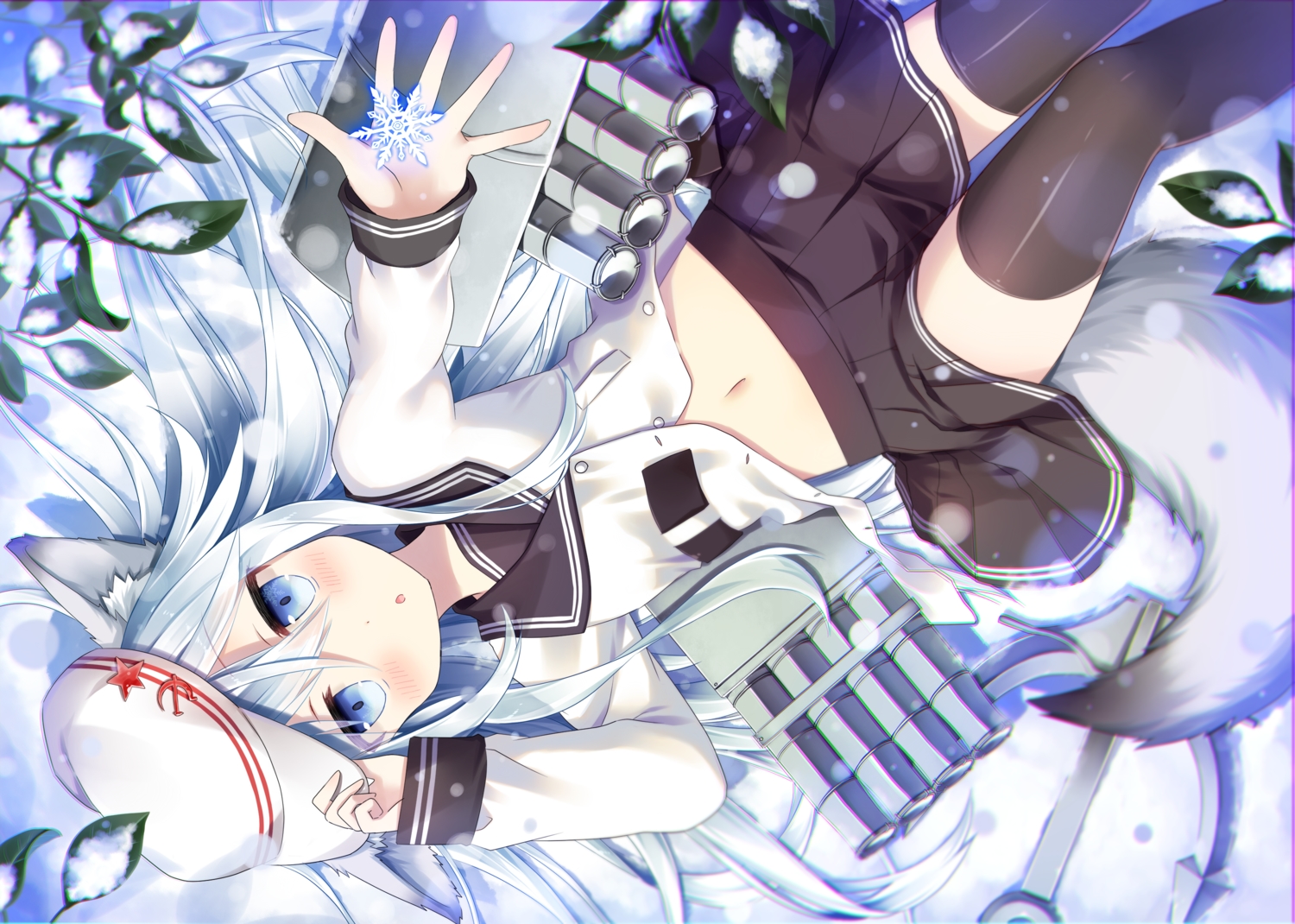 animal_ears, anthropomorphism, aqua_eyes, blush, gray_hair, hat, hibiki_(kancolle), kantai_collection, long_hair, natsume_kintoki, navel, school_uniform, skirt, snow, tail, thighhighs, verniy_(kancolle)