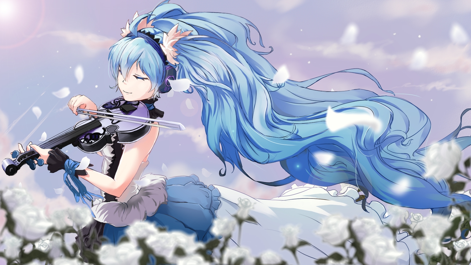 7th_dragon_2020, aliasing, aqua_hair, dress, flowers, hatsune_miku, headphones, icefurs