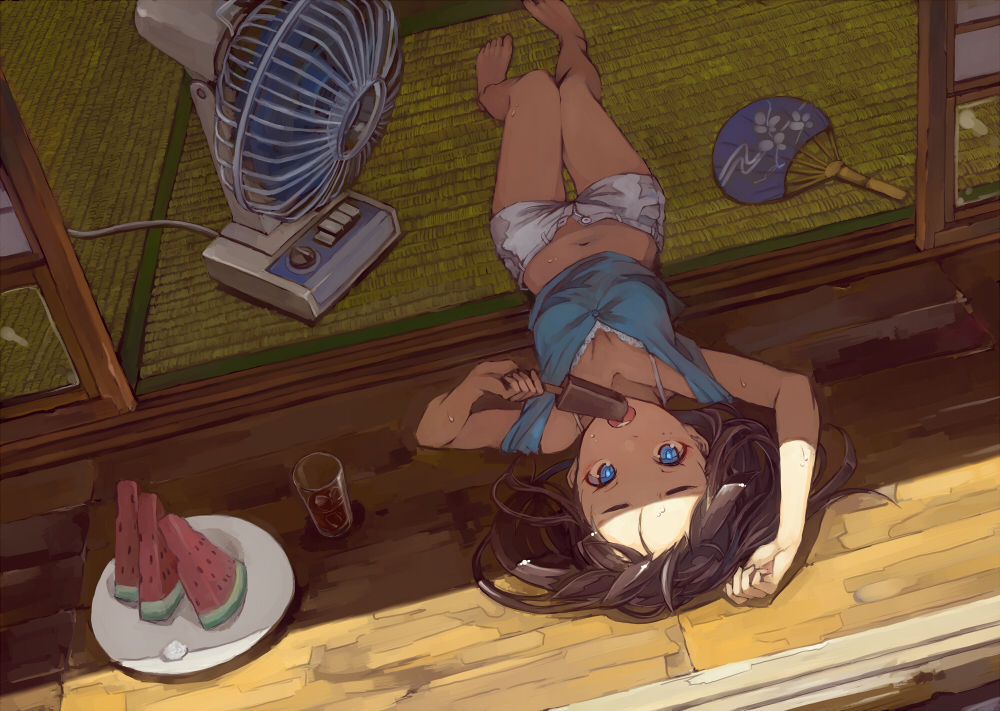 aqua_eyes, barefoot, brown_hair, drink, fan, food, fruit, ice_cream, navel, original, popsicle, shade, short_hair, shorts, summer, suzuno_(bookshelf), watermelon