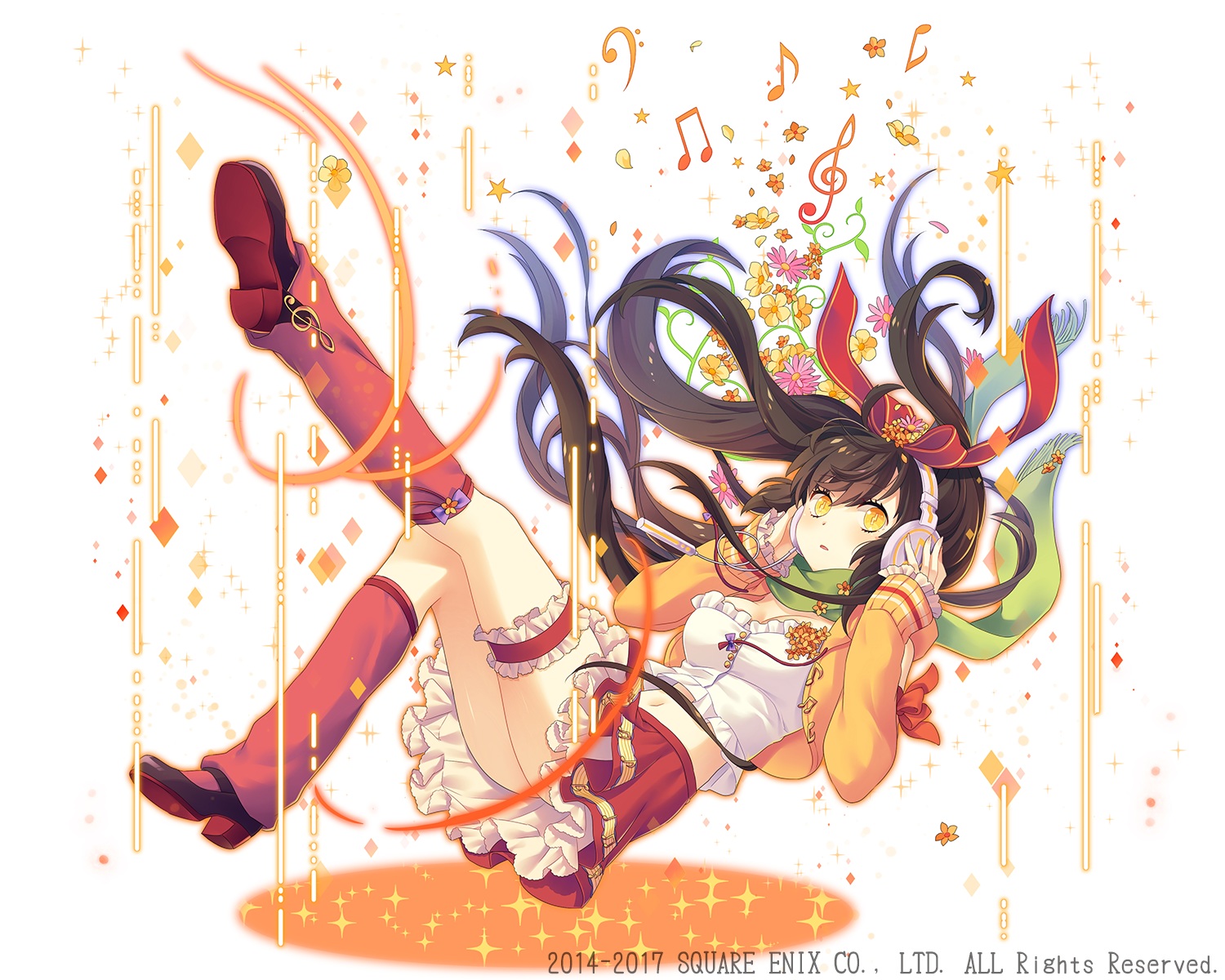 boots, brown_hair, flowers, garter, headphones, kaku-san-sei_million_arthur, long_hair, natsume_kintoki