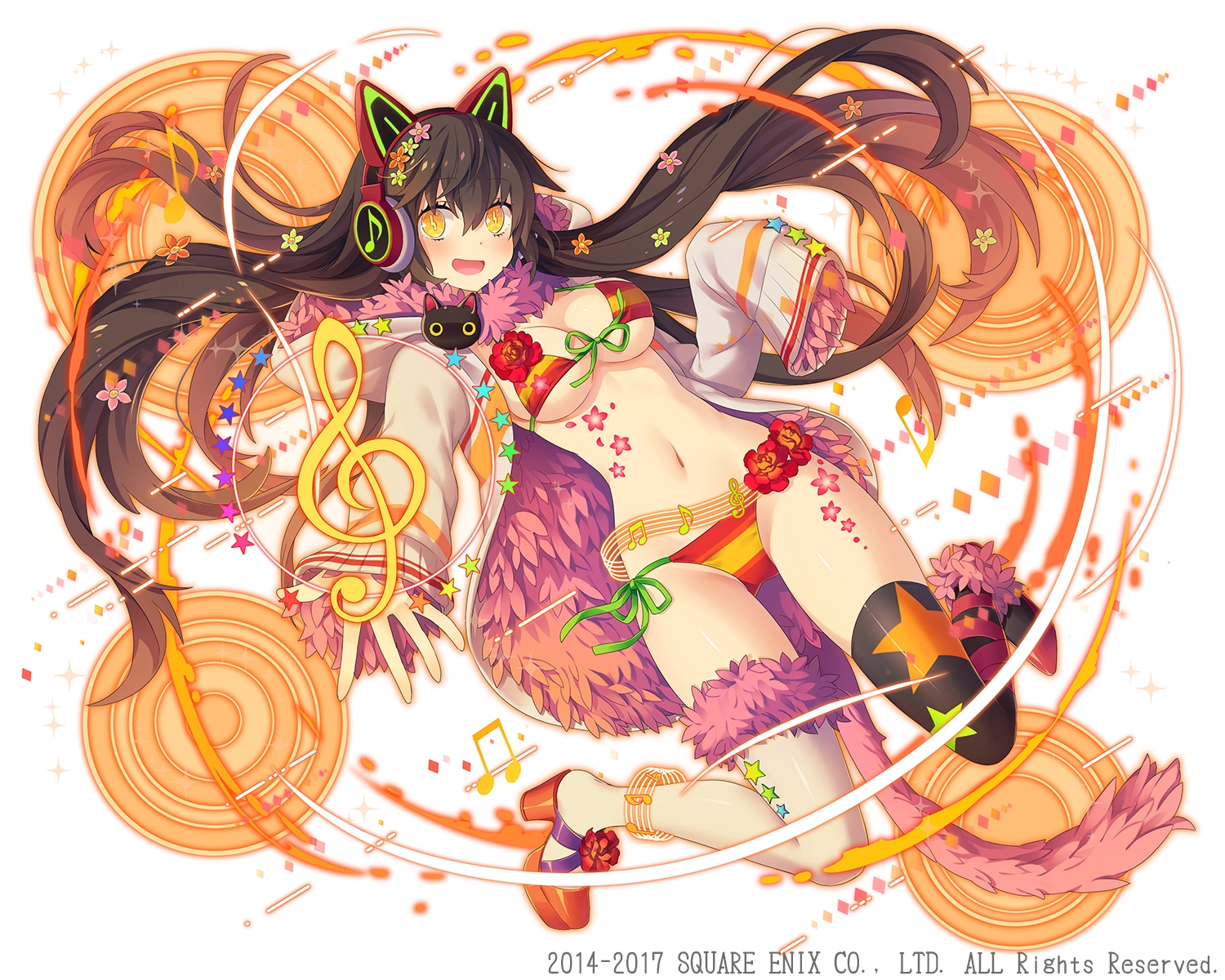 animal_ears, bikini, brown_hair, headphones, kaku-san-sei_million_arthur, long_hair, music, natsume_kintoki, navel, square_enix, swimsuit, thighhighs, white, yellow_eyes