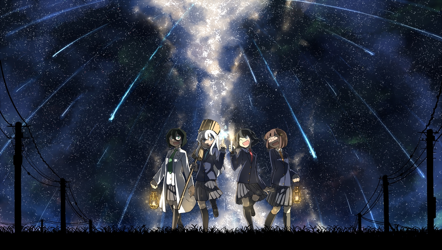 black_eyes, black_hair, blue_eyes, brown_hair, glasses, grass, green_eyes, group