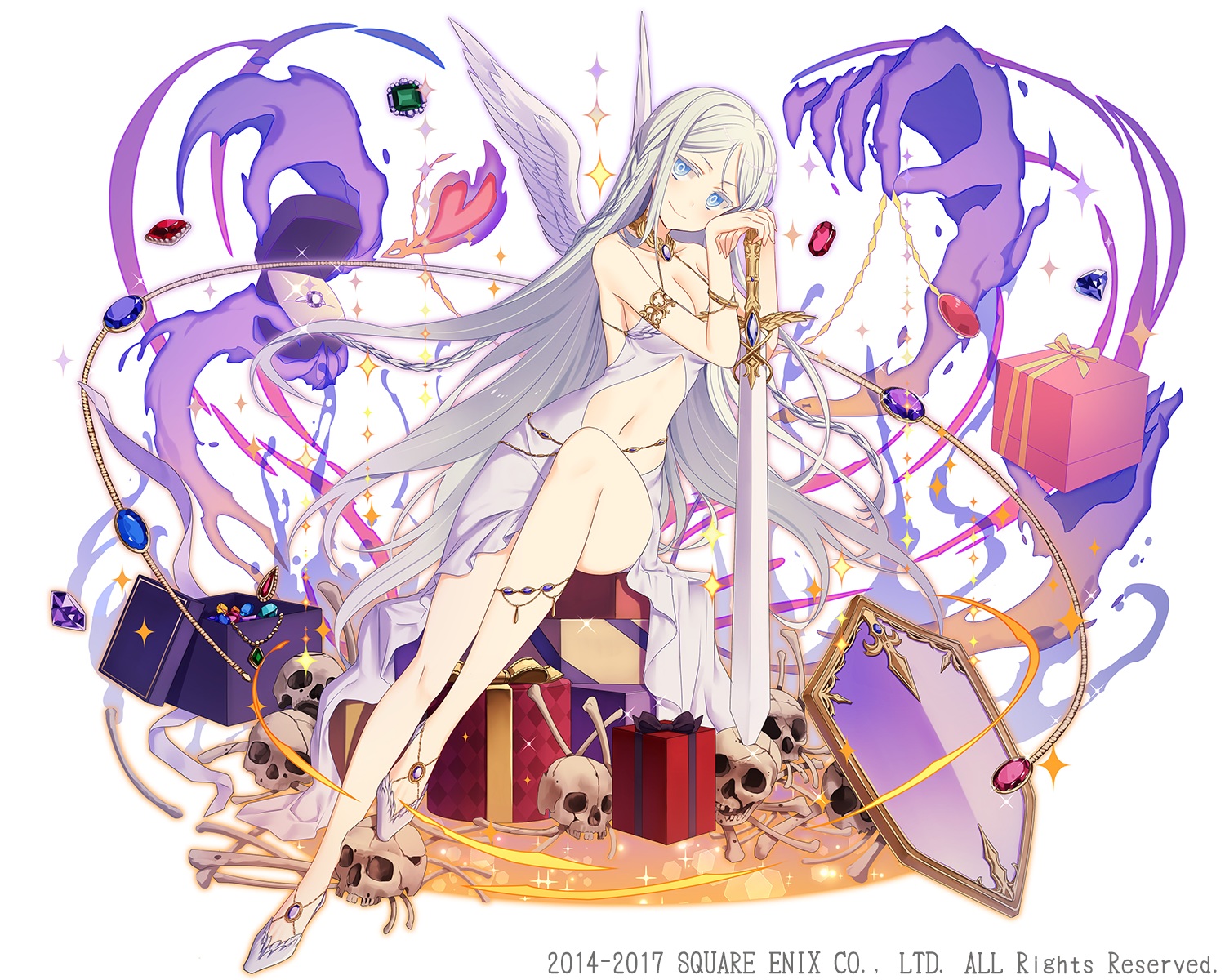 aqua_eyes, bow, dress, gray_hair, kaku-san-sei_million_arthur, long_hair, natsume_kintoki, navel