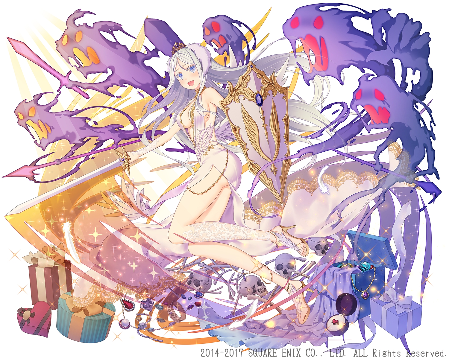 aqua_eyes, ass, bow, breasts, crown, dress, feathers, gray_hair