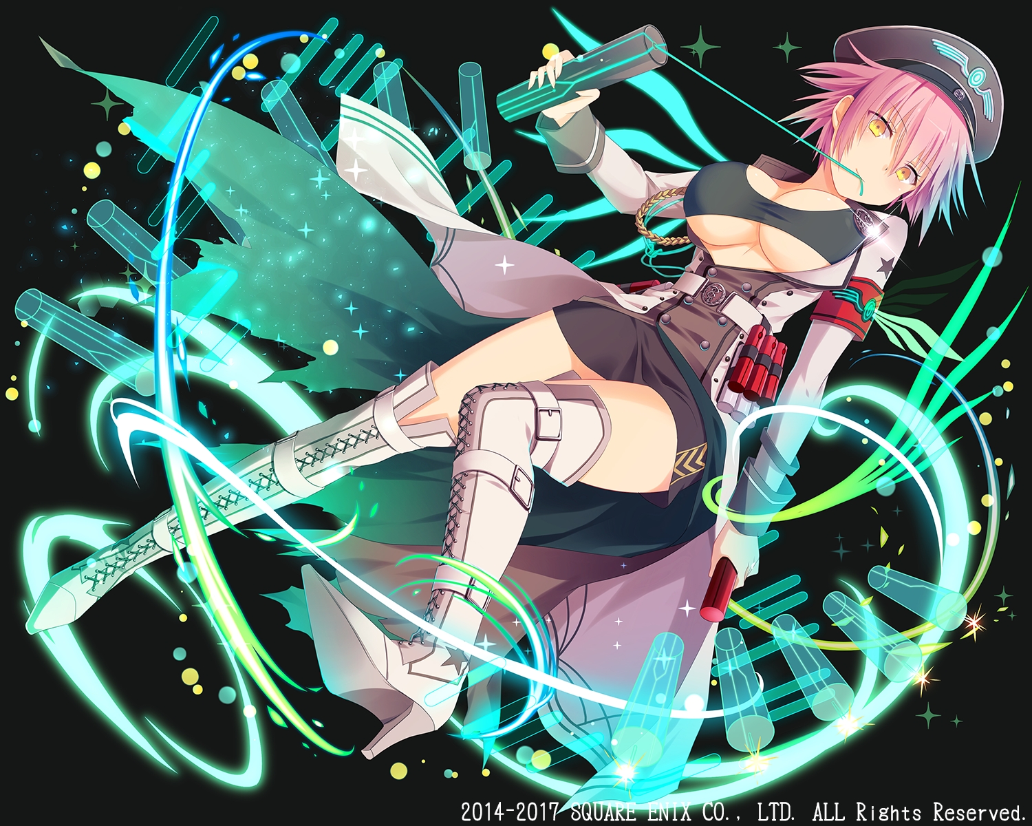 boots, dark, hat, kaku-san-sei_million_arthur, natsume_kintoki, pink_hair, short_hair, skirt
