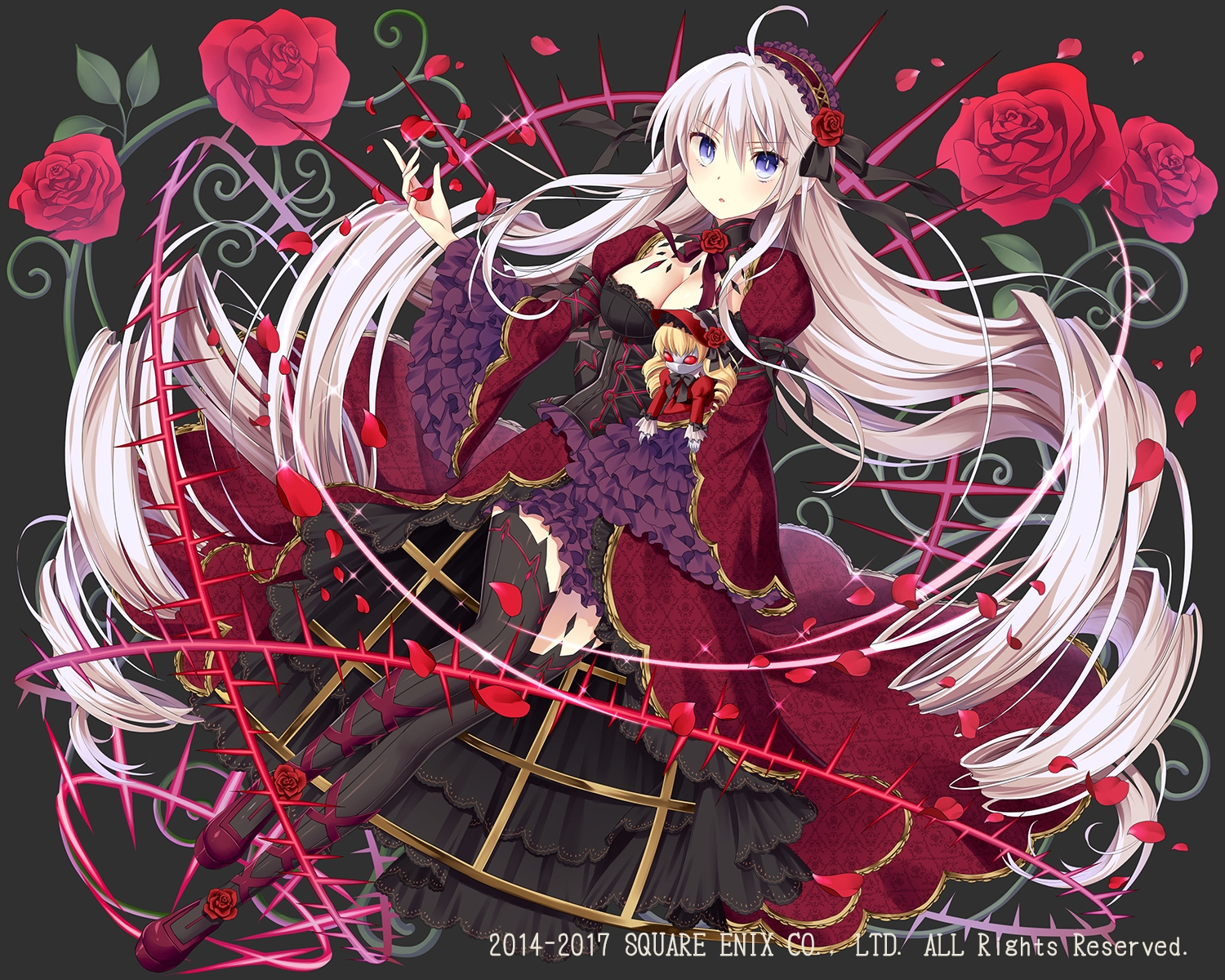 bow, breasts, doll, dress, flowers, gray_hair, headdress, kaku-san-sei_million_arthur
